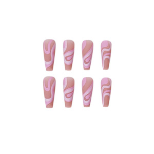 Vente en gros de faux ongles français à couverture complète, design rayé or rose, 24 pièces/boîte, ongles longs de forme ballerine à coller - Product Image 5