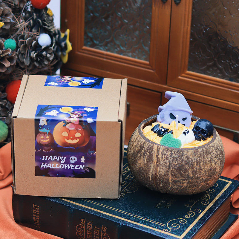 Halloween coconut shell - pumpkin black skull