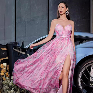 Vestido de Noche Largo de Organza con Hombros Descubiertos, Cintura Imperio y Abertura, Estampado Translúcido, Vestido de Moda para Mujer - Product Image 3