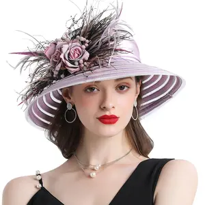 Moda donna all'ingrosso cappello da sole tesa larga kentucky derby cappelli in raso traspirante chiesa fascinators e cappelli da sposa