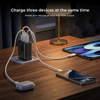 Chargeur GaN 65W Source Factory avec affichage numérique intelligent, charge rapide PD PPS, OTP/OVP/OCP, chargeur mural 3 ports, coffret cadeau premium, câble