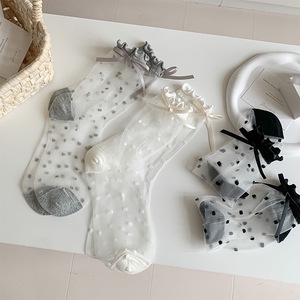 Bas d'été à pois de style coréen pour femmes, transparents, ultra fins, avec nœud, longueur cheville, en coton, absorbant la sueur, résistants aux odeurs - Product Image 1