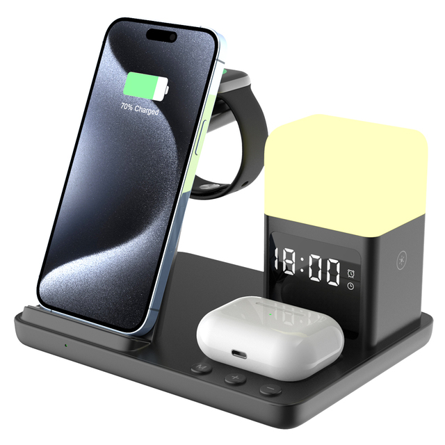 2026 New Products Night Light Desktop Wireless Charger Stand Multifunctional Alarm Clock 6 in 1 Wireless Charger Phone Station