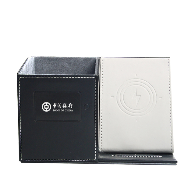 15 W Polyurethane Leather Desk Storage with Charger Wireless Charging Station Pen Holder with Custom LED Color Logo