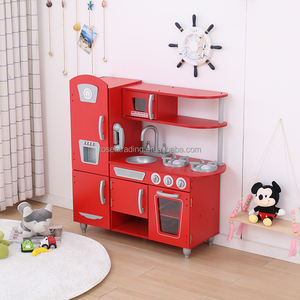 Cuisine en bois rouge classique vintage pour enfants avec machine à glaçons, téléphone, robinet, évier, brûleur et four - Product Image 5