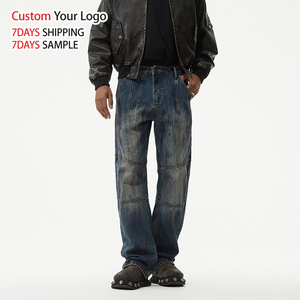 High Quality Streetwear Denim <b>Jeans</b> Custom Blue Light Wash Mid Waist Casual Baggy Straight-leg Fit Men's <b>Jeans</b> - Product Image 1