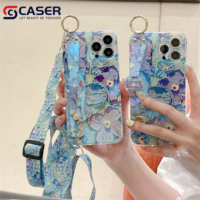 Glitter Diamond Oil Painting Wristband Phone Case for iPhone 16 Pro 15 14-Blue Light Crossbody Lanyard Girl's Accessory