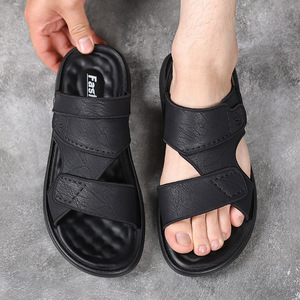 Men's Summer Leather <b>Sandals</b> Flat Breathable Outdoor Black And Gray Rear Pull Belt 2305 - Product Image 5