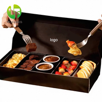 Boîte à compartiments pliables en kraft écologique, noire, de qualité alimentaire, réutilisable, avec impression de logo personnalisée, pour sushis, gaufres, chocolat et sauces.