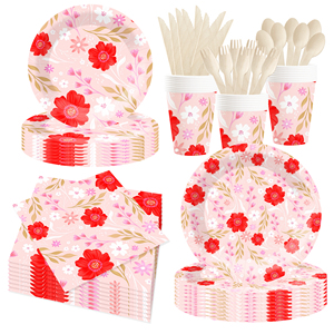 DAMAI - Juego de Vajilla Desechable de Papel con Diseño de Flores Rosas y Temática Primaveral para Fiestas de Cumpleaños - Product Image 2