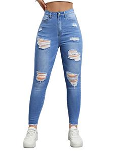 <span class=keywords><strong>Pantalones</strong></span> vaqueros ajustados de mezclilla de cintura alta personalizados para <span class=keywords><strong>mujer</strong></span>, <span class=keywords><strong>pantalones</strong></span> <span class=keywords><strong>colombianos</strong></span> rasgados elásticos, característica desgastada, transpirable, informal, con agujeros sólidos - Product Image 4