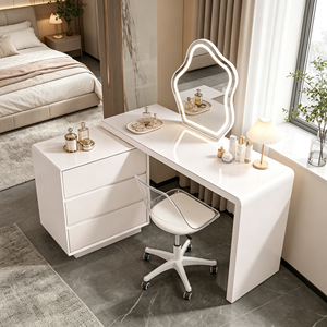 Ensemble de coiffeuse extensible blanc mat avec miroir LED nuage irrégulier, commode à 3 tiroirs, chaise de bureau transparente à roulettes et bureau de maquillage pour chambre - Product Image 2