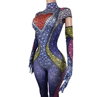 Barboteuse une pièce à manches courtes avec gants Mono Mujer tendance Showgirl danseuse barboteuses grande taille Club femmes Rhinestone Jumpsuit