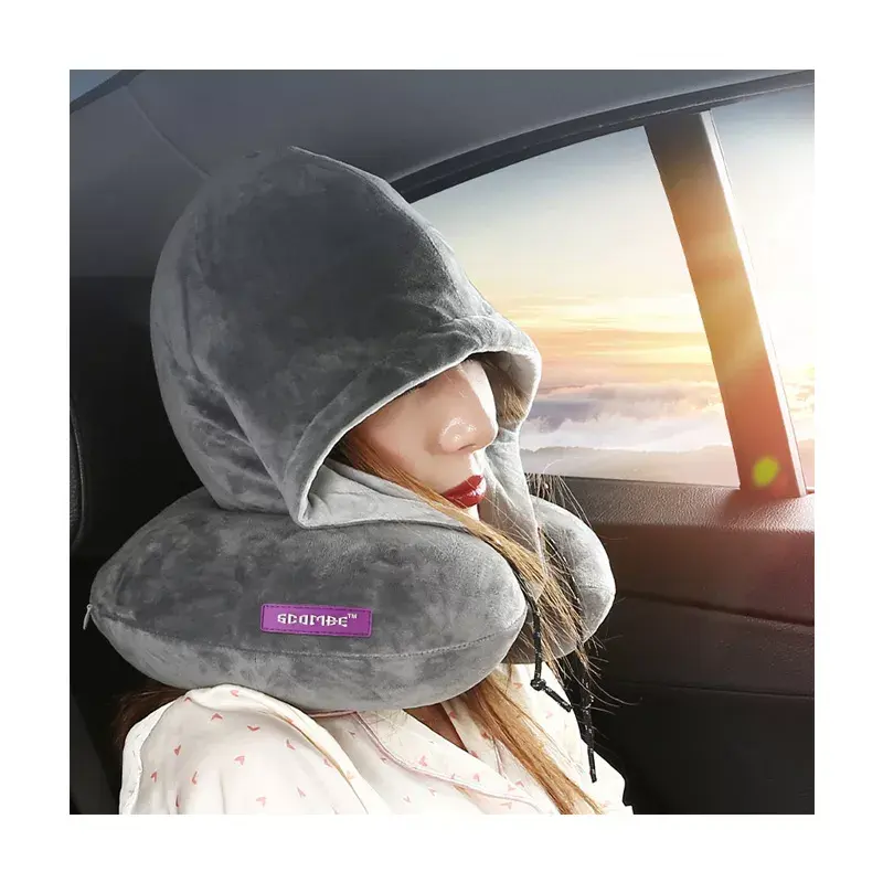 Memory foam neck car travel pillow soft hoodie travel neck car pillow neck travel with hood