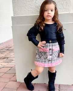 Ensemble de vêtements pour filles, chemisier à manches longues à volants d'été, jupe à carreaux pour bébé, 2 pièces, robes pour filles - Product Image 5