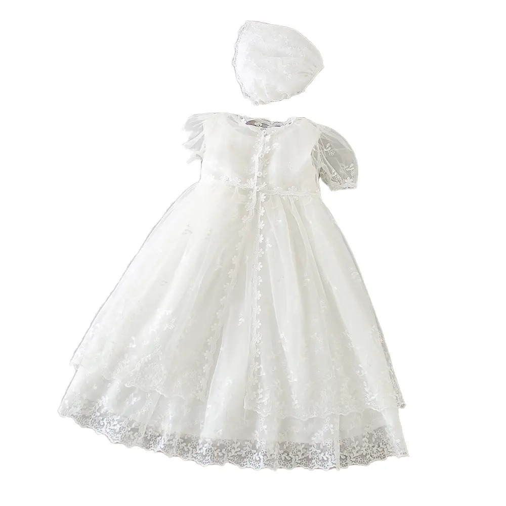 女の赤ちゃんのための花の刺繍されたレースのバプテスマドレスソリッドパターンの特別な機会のガウンとボンネットの女の赤ちゃんのドレス
