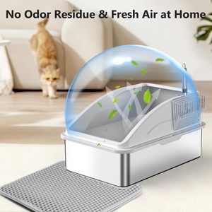 Bac à litière pour chat extra large en acier inoxydable avec côtés hauts, anti-fuite, non collant, ouverture supérieure, comprend un tapis et une pelle - Product Image 6