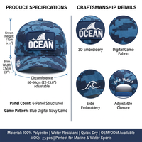 Casquette de baseball structurée à 6 panneaux en 100 % polyester, séchage rapide, résistante à l'eau, avec patch brodé 3D requin marin, motif camouflage numérique bleu marine