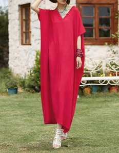 Vestido Maxi de Lino/Algodón Hecho a Medida para Mujer, Corte Regular, Estilo Casual, Tejido de Punto Lavable, Cuello en V, Manga Corta, Línea A - Product Image 6