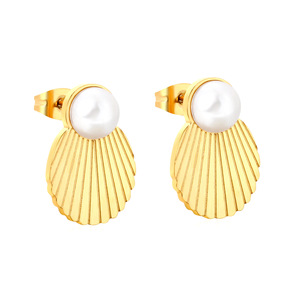 Stud <b>Earrings</b> Women Gold Plated Shell Geometric Design Everyday Wear Stainless Steel <b>Post</b> - Product Image 5