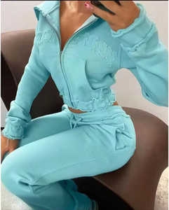 Tùy Chỉnh 2 Mảnh Thiết Lập Sweatsuit Phụ Nữ Đau Khổ Thêu Vá Zip up Cắt Áo Và Sweatpants Set Tracksuit Phụ Nữ - Product Image 2