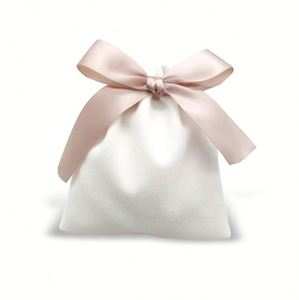 Petite pochette à bijoux en velours avec nœud en ruban blanc et rose, adorable sac cadeau de mariage recyclable pour cosmétiques avec cordon de serrage - Product Image 1