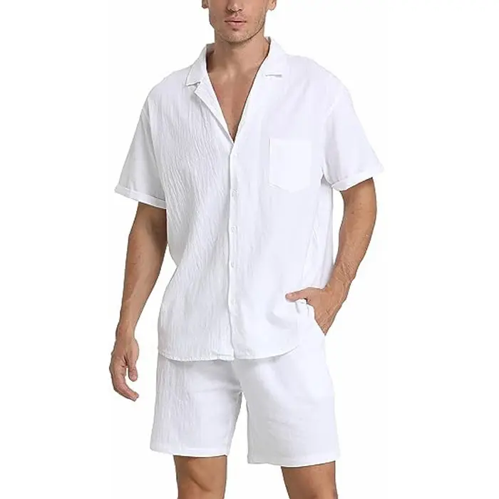 OEM Men Summer Beach Cotton Linen Shirt And Short 2 Piece Set Outfits For Men