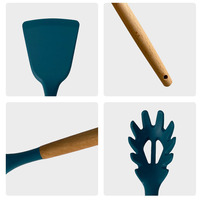 Ensemble d'ustensiles de cuisine 12 pièces en nylon et silicone antiadhésifs avec longues manches en bois – Spatule, louche à soupe, brosse – Pour la maison et la cuisine, compatibles lave-vaisselle