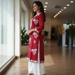 Conjunto de Kurta de Algodón Rojo Bordado de Diseñador para Mujer, Ropa Étnica, Kurti Recto, Traje Palazzo, Vestido Tradicional - Product Image 3