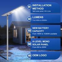 Lampadaire solaire LED étanche IP65 300W 400W 500W à haut lumen pour autoroute et parc, tout-en-un, intégré
