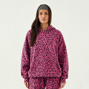Sweat à capuche doux pour femme, imprimé léopard rose, collection hiver, style streetwear oversize, vente en gros, pour la mode féminine - Product Image 1