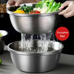 Hot Sale 304 Stainless Steel Strainer Colander Set with Mixing Bowl 2 Pcs Kitchen Wash Rice Vegetable Metal Mesh Filter