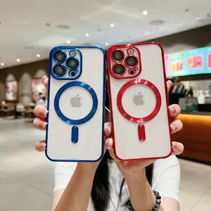 Casing ponsel kustom, pelindung HP bening mewah ultra tipis magnetik untuk iphone 15 pro max dengan penutup kamera