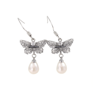 Boucles d'oreilles pendantes papillon en perles de millet, plaqué or blanc, strass en cristal, style romantique pour femme, mariage, E3803 - Product Image 1