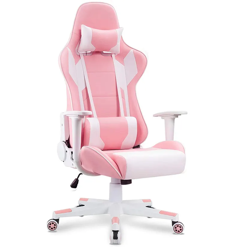 シルロンゲーマーレザーアームチェアLEDゲーミングチェアピンクと白の人間工学に基づいた椅子GM-001
