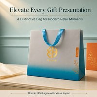 Sac cadeau en papier dégradé turquoise de qualité supérieure avec poignées en satin, logo en feuille d'or, étiquette à accent orange et emballage de vente au détail personnalisé