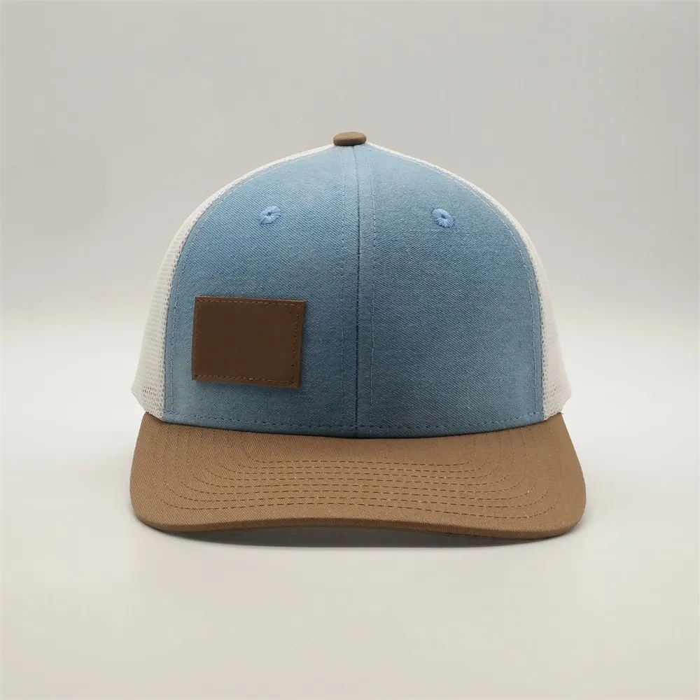 Sombreros de camionero con logotipo de parche personalizado OEM Gorras Snapback de malla de algodón con apliques de cuero de alta calidad