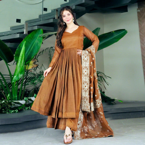 Ensemble Anarkali Plazzo marron pour femme avec dupatta brodé, tenue ethnique indienne et pakistanaise pour fêtes, robe longueur normale GOLD CRAZY - Product Image 1