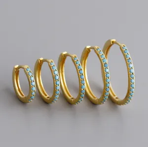 2024 NEW Fashion 925 Sterling Silver Simple Round Different Size Turquoise Zircon Gold Plated Hoop Earring For Women