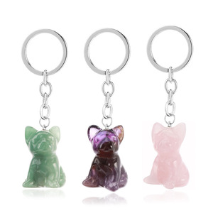 Stainless Steel Natural Stone Crystal DOG Stone Key Chain Crystal Animal Carving Stone Decoration Key Chain
