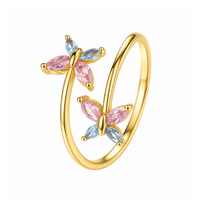 Bague ouverte double papillon Glowluxe avec accents marquise rose et bleu en argent sterling 925 plaqué or, bijoux modernes et romantiques
