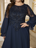 Robe de soirée élégante pour femmes, col rond, manches longues lanternes, luxe, patchwork de perles et de paillettes, en mousseline de soie, ajustée, formelle