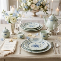 Assiettes de présentation élégantes en céramique festonnée, motif floral bleu, en porcelaine, pour mariage, assiettes rondes pour salade et dessert, pour la maison