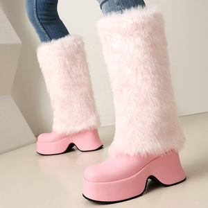 Women High Wedge Heels Plush Fur Long Booties on Fluffy Knee High <b>Boots</b> Winter Thick Furry Snow Shoes - Product Image 3