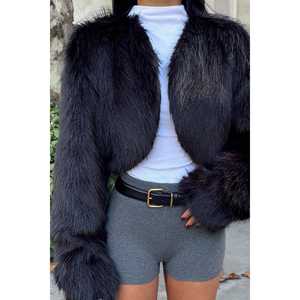 Long Black Faux Fur <b>Overcoat</b> with Vintage Print Decoration Dyed Woolen Fabric Silk Shell Slim Type Filled with <b>Camel</b> Cotton - Product Image 5