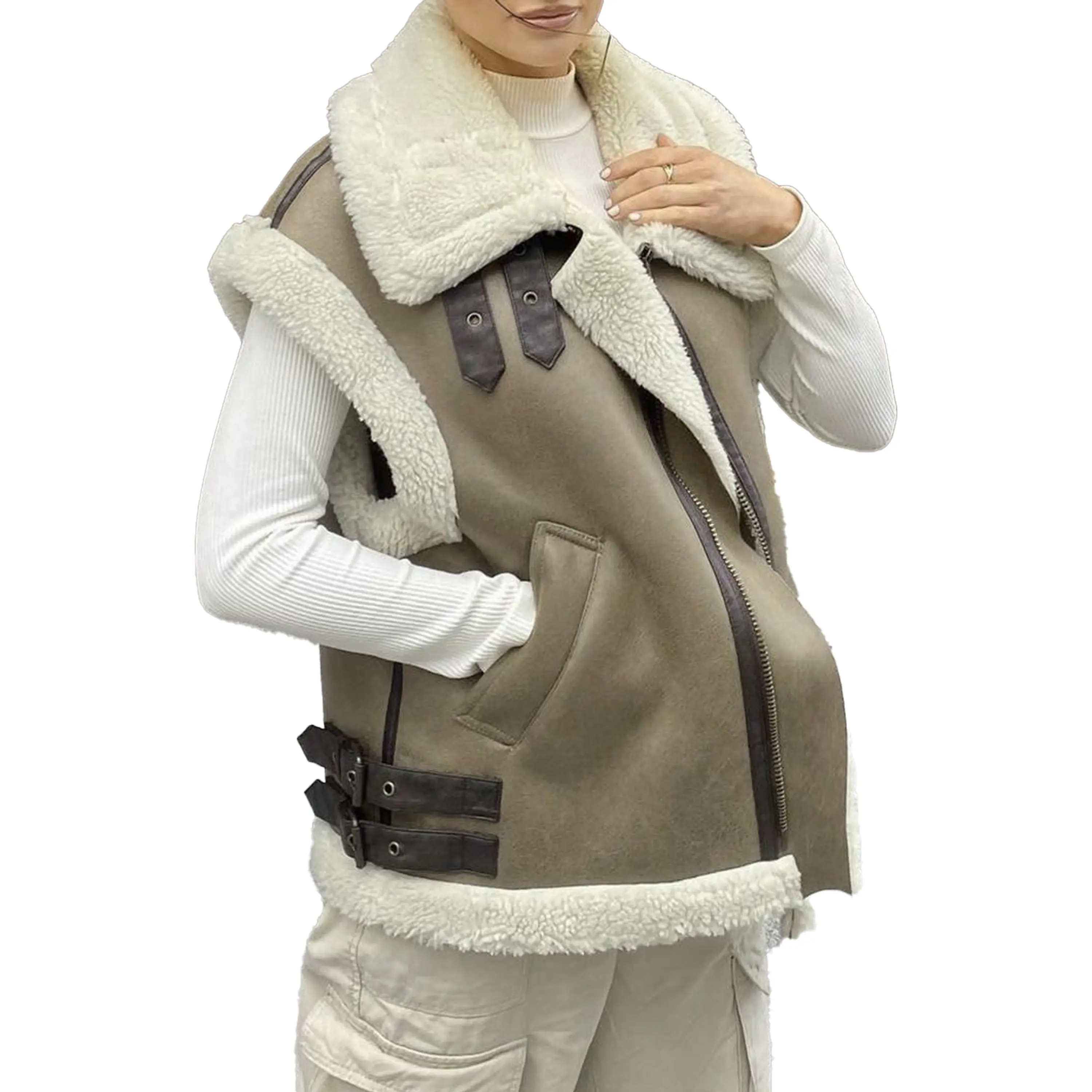 OEMカスタムフェイクレザーフリース裏地付きジャケット女性バックルデザインジップアップウィンターシェルパベストチョッキ