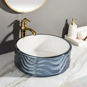 Pia de banheiro de fábrica de louças sanitárias lavatório dourado de cerâmica decorativa cor azul