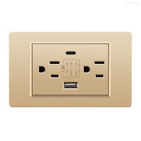 Interruptor de Pared con Panel Táctil Dorado 118, Material de PC Duradero, Enchufe Americano, Británico y Europeo, USB Tipo C, 10A/20A, IP24, 2 Tomas