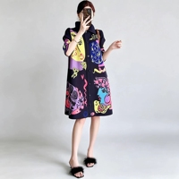 Robe chemise plissée Miyake pour femme, grande taille, taille unique, imprimé visage abstrait Pop Art, boutonnée, longueur genou, vente en gros