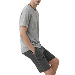 Men Solid Gray Crew Neck T-Shirt Set Knitted Breathable Short Sleeve Casual Summer Outfit Dark Gray Shorts Polyester/Cotton 180g - Product Image 3